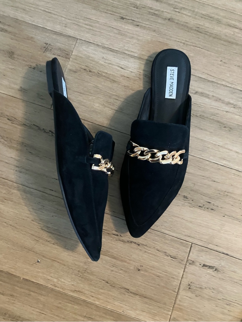 Steve Madden suede with gold metal chain detail women black slide flat size 12